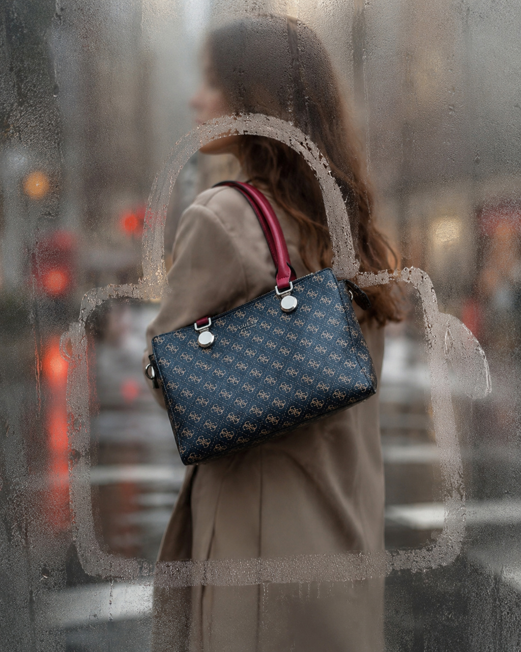 GUESS Monogram Handbag – Blue with Burgundy Handles