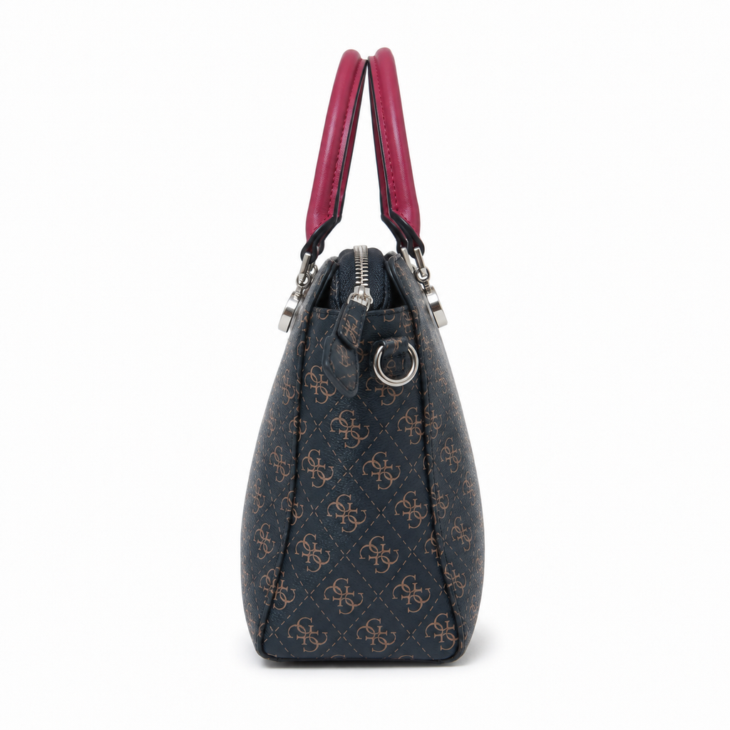 GUESS Monogram Handbag – Blue with Burgundy Handles