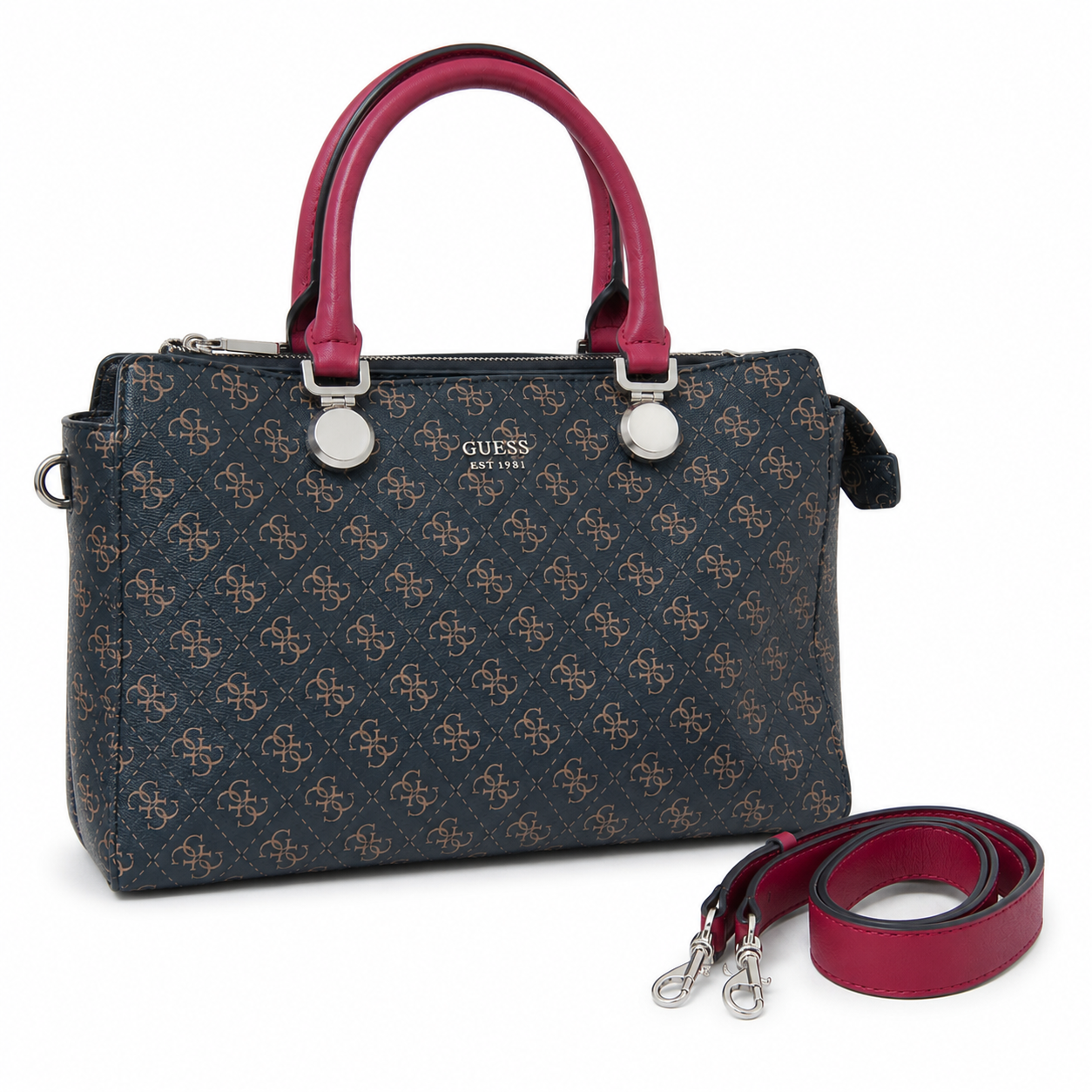 GUESS Monogram Handbag – Blue with Burgundy Handles