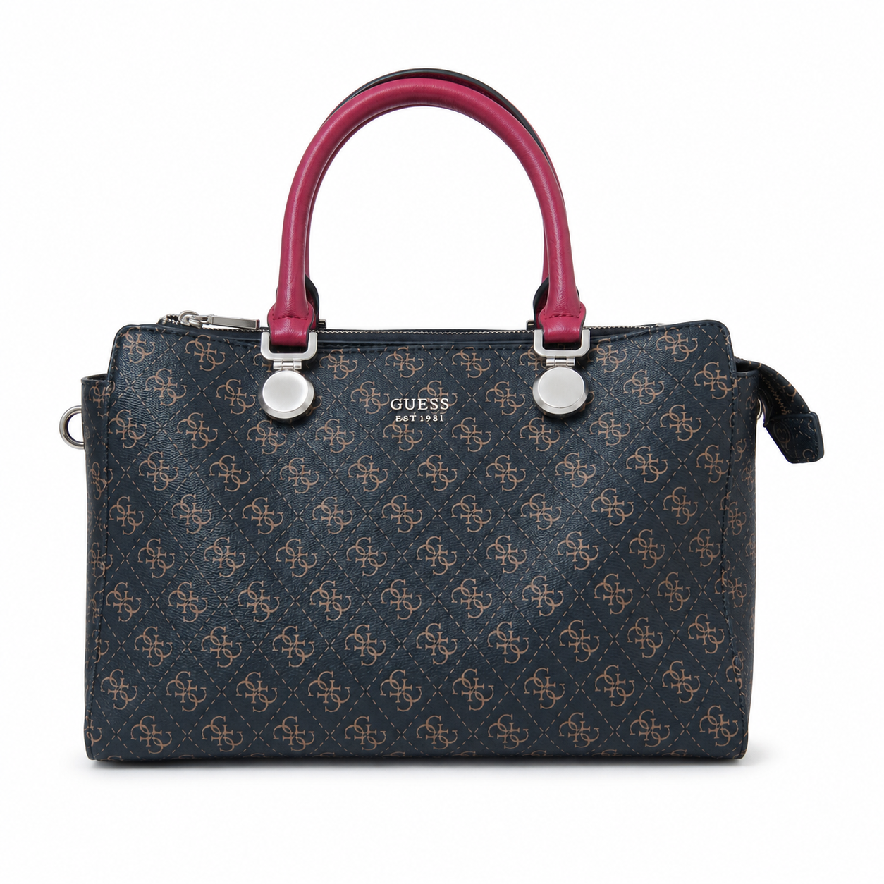 GUESS Monogram Handbag – Blue with Burgundy Handles
