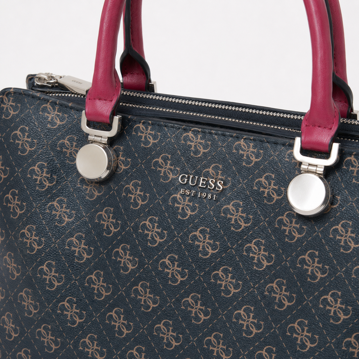 GUESS Monogram Handbag – Blue with Burgundy Handles