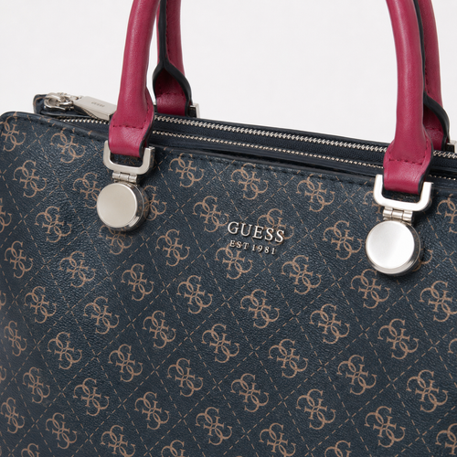 GUESS Monogram Handbag – Blue with Burgundy Handles